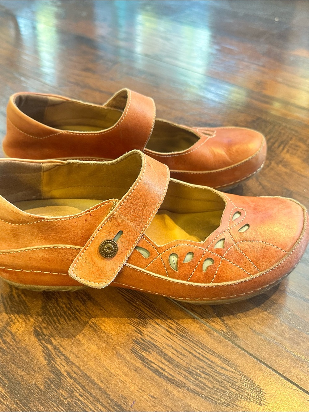 Leather Mary Jane Flats in Coral-Tan with Strap